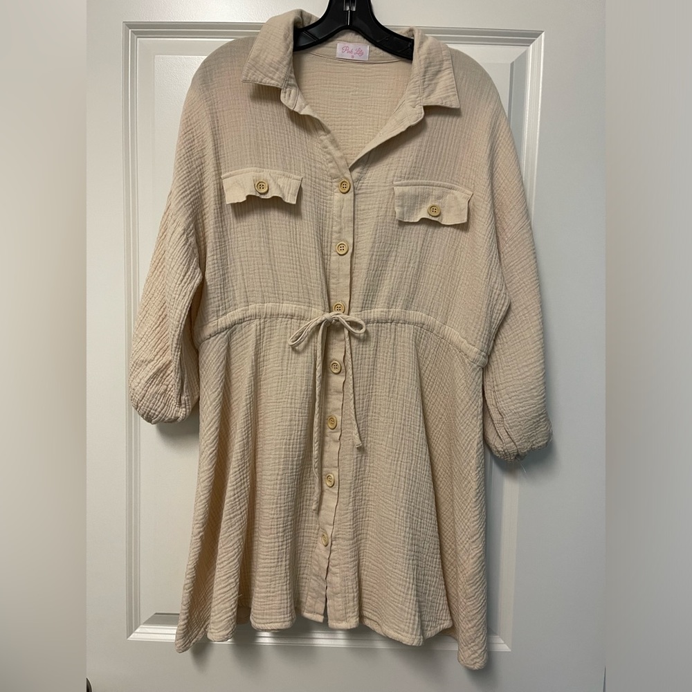 Pink Lily Crème Button Up Tie Waist Dress